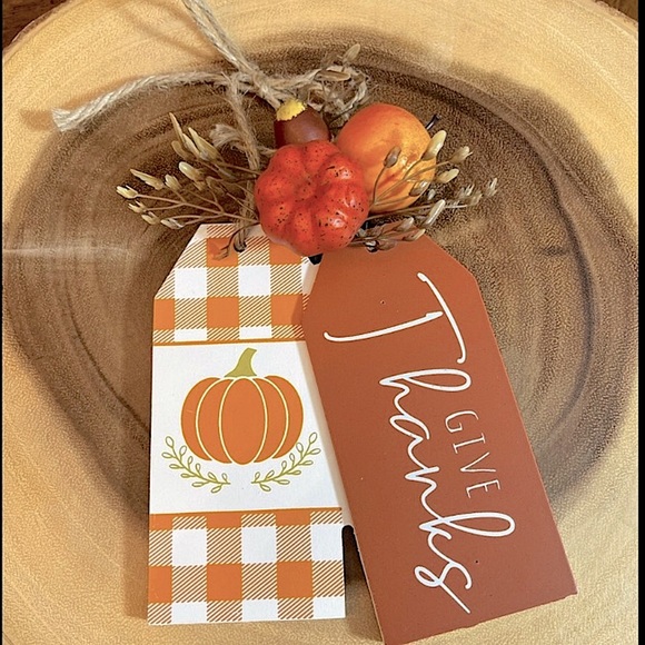 🍂🎃🍁 5” x 6” GIVE THANKS PLAID AUTUMN FALL PUMPKIN DOOR HANGER TAGS w/JUNE ROPE - Picture 2 of 6